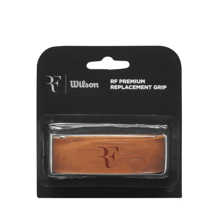 RF Premium Replacement Grip in brown – soft, tacky tennis grip offering comfort and control with Roger Federer-inspired styling.