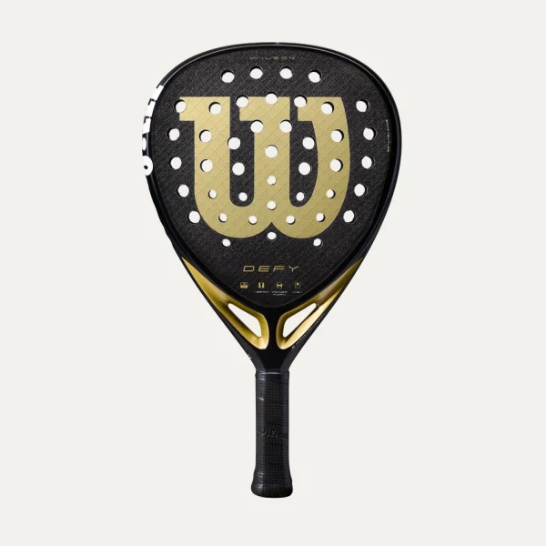 Wilson Defy V1 Padel Racket – teardrop-shaped racket with carbon fiber face, black design, and soft EVA core for advanced performance.