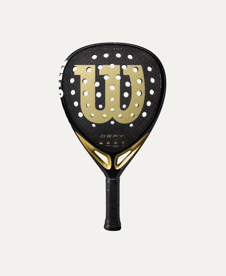 Wilson Defy V1 Padel Racket – teardrop-shaped racket with carbon fiber face, black design, and soft EVA core for advanced performance.