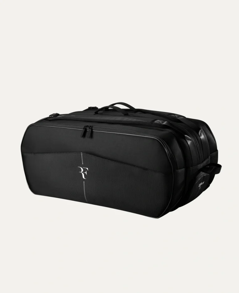 RF Tournament Racket Bag 15 Pack – sleek black bag with RF logo, holds up to 15 rackets, includes Thermoguard and accessory compartments.