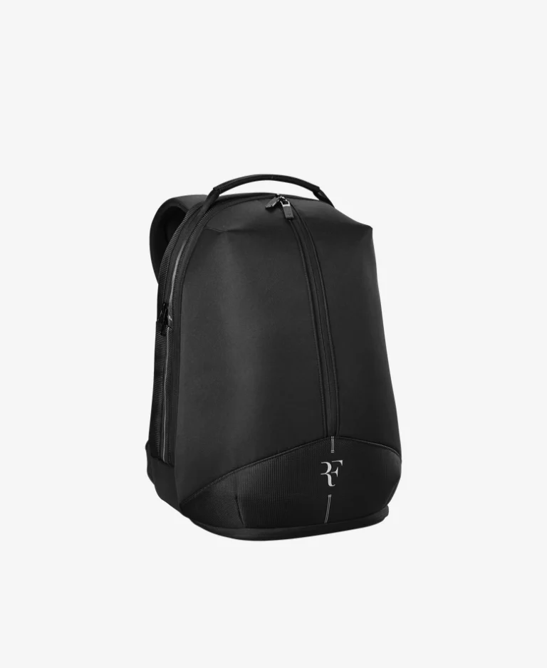 RF Tennis Backpack in black – sleek design with Federer logo, holds 2 rackets and gear, ideal for everyday court use.