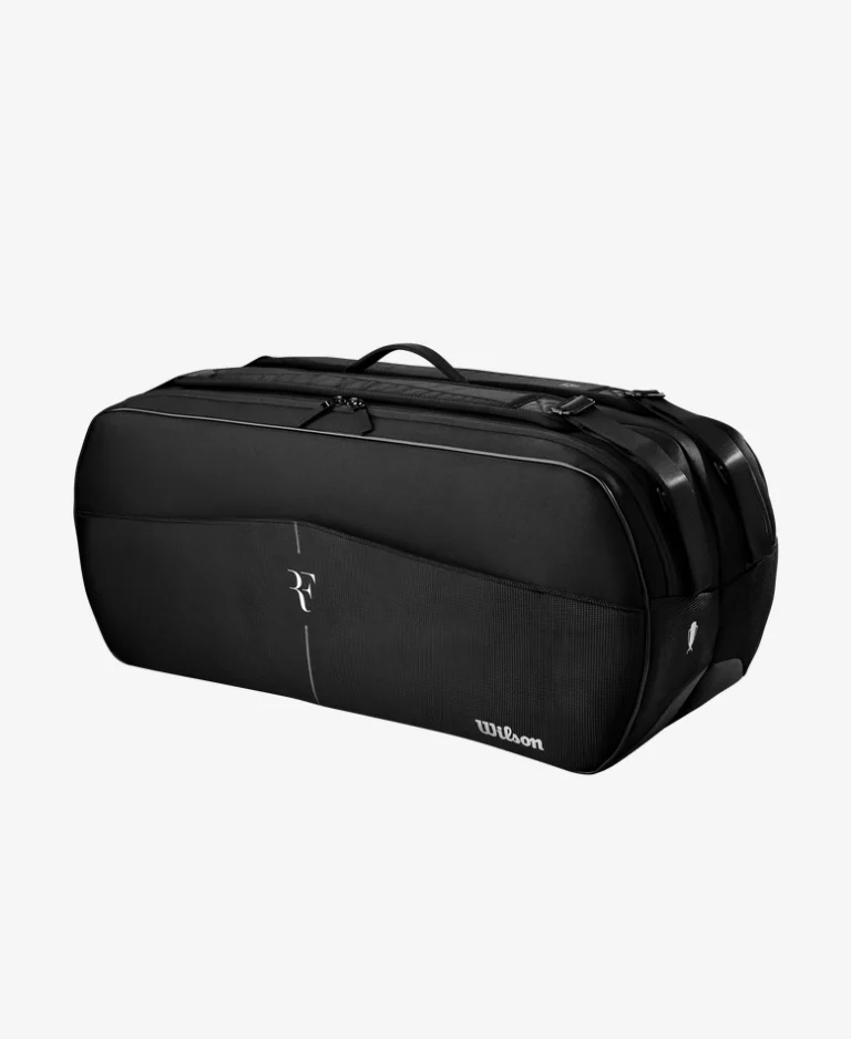 RF Tournament Racket Bag Laver Cup Edition – 9 racket capacity, Thermoguard protection, red and navy Federer design with premium compartments.