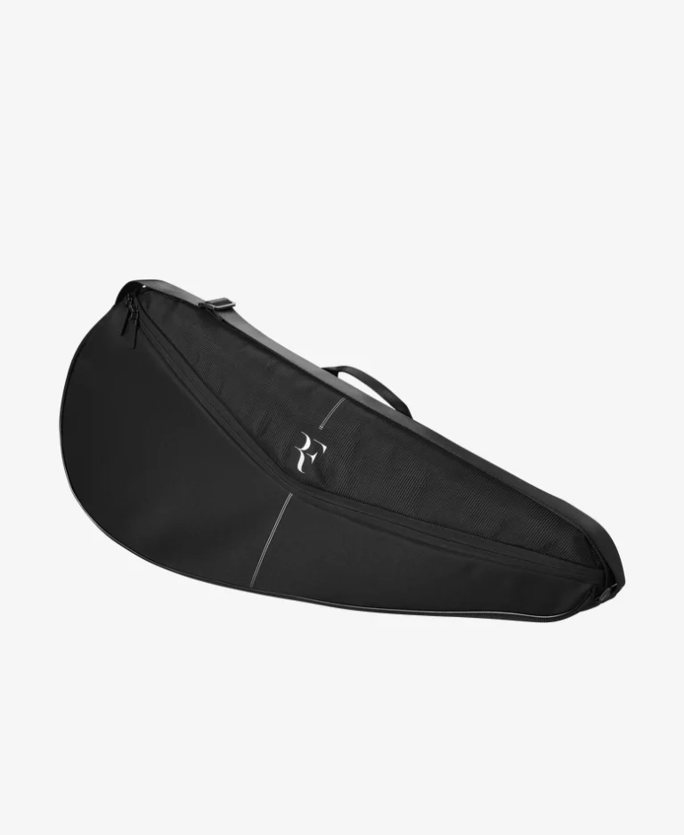 Black RF Racquet Cover with padded design, RF logo, and shoulder strap – sleek and protective Federer-inspired tennis racket cover.