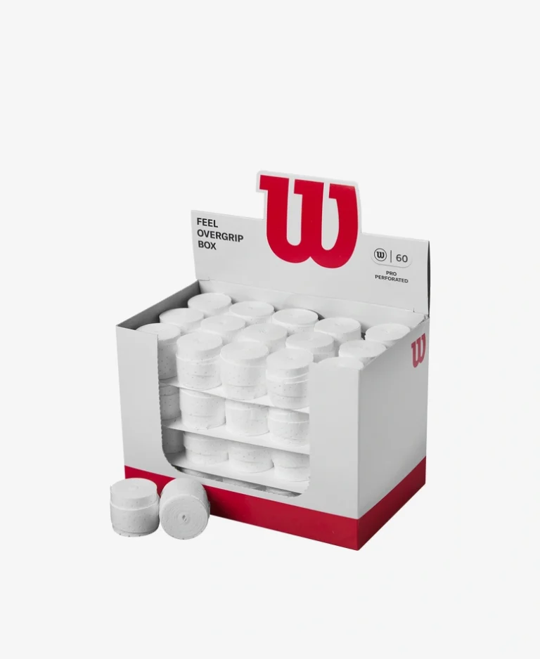 White Wilson PRO OG PERF BUCKET containing 60 perforated overgrips for superior comfort, breathability, and pro-level performance.
