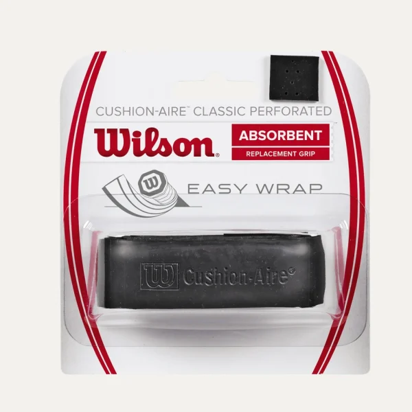 Close-up of Cushion-Aire Classic Perforated Replacement Grip on a tennis racket handle, showcasing sweat-wicking holes and cushioned texture.